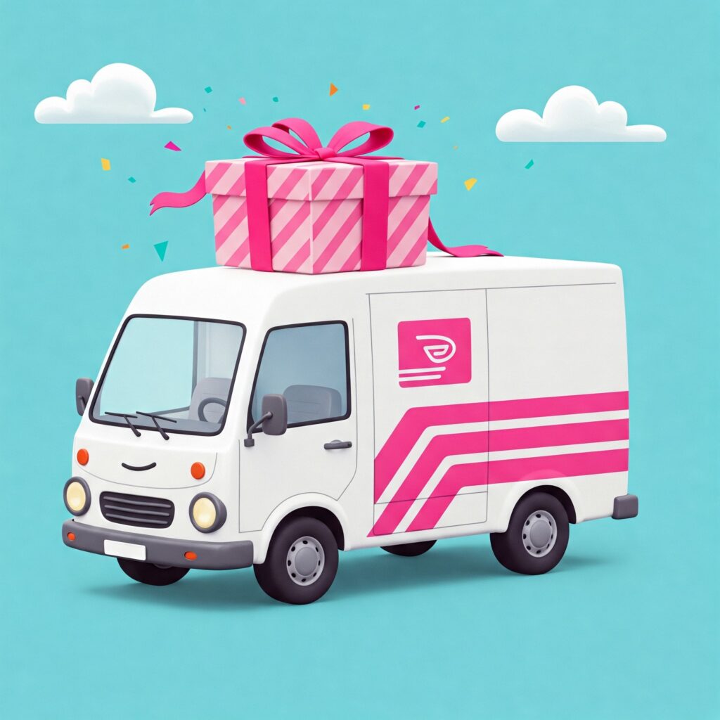 Cartoon image of delivery van to represent the shipping policy